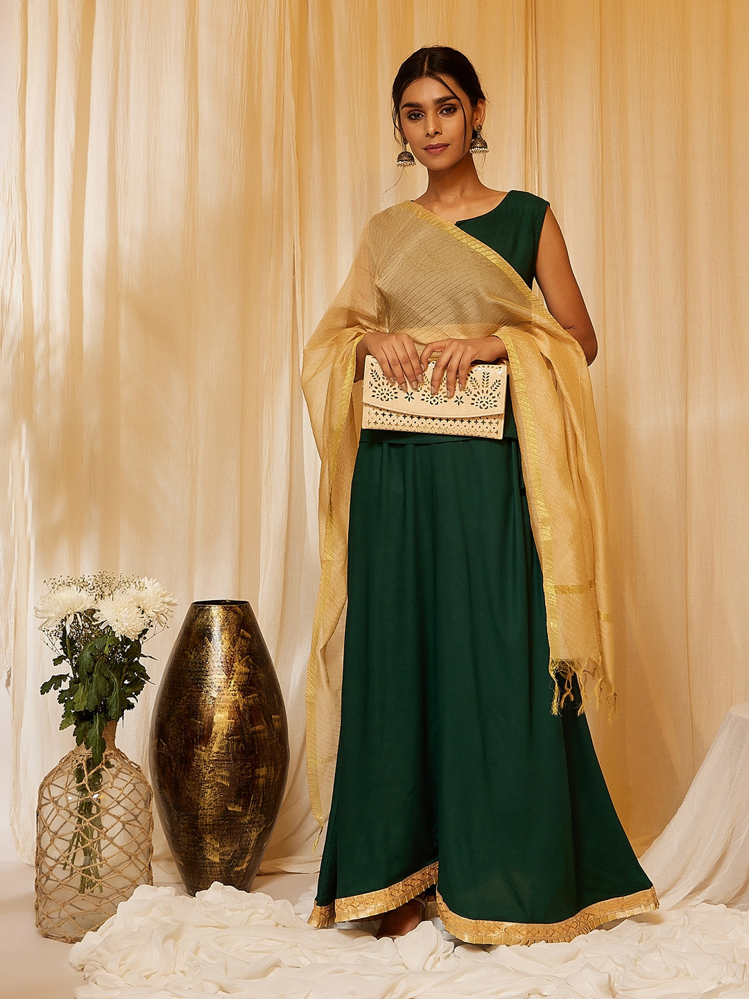 InWeave Bottle Green Skirt Top Set - Swadesiicart
