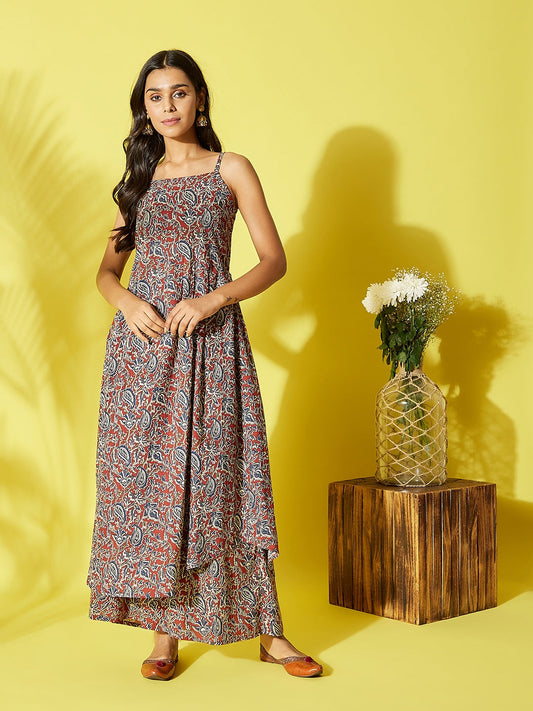 InWeave Women's Maroon Kalamkari Strappy Set - Swadesiicart