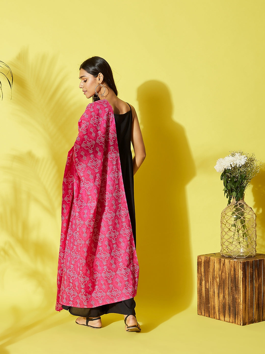 InWeave Women's Black Strappy Kurta Palazzo Set With Pink Bandhini Dupatta - Swadesiicart