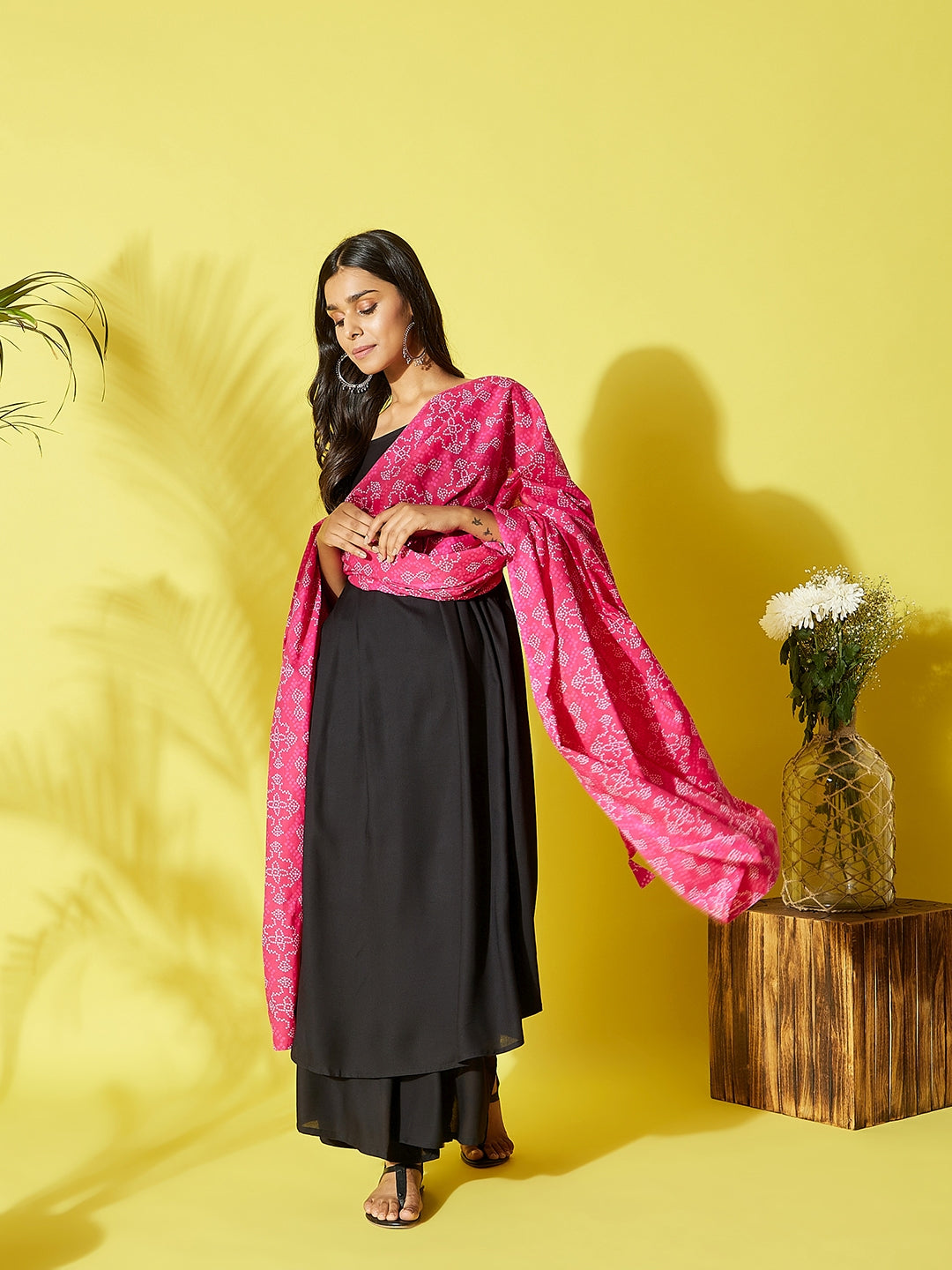 InWeave Women's Black Strappy Kurta Palazzo Set With Pink Bandhini Dupatta - Swadesiicart
