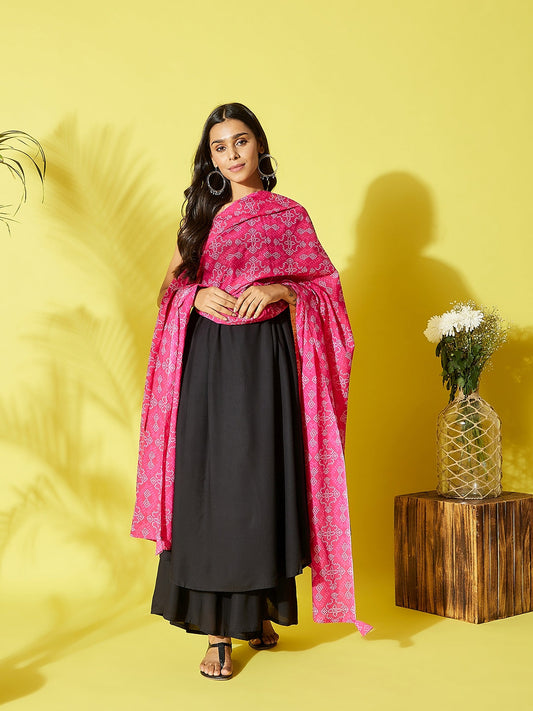 InWeave Women's Black Strappy Kurta Palazzo Set With Pink Bandhini Dupatta - Swadesiicart