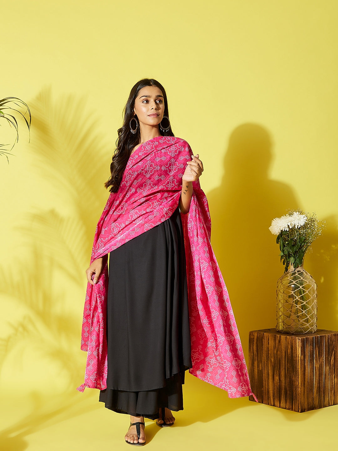 InWeave Women's Black Strappy Kurta Palazzo Set With Pink Bandhini Dupatta - Swadesiicart
