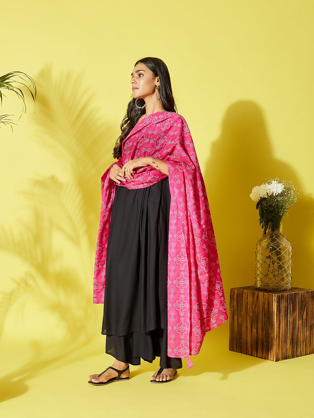 InWeave Women's Black Strappy Kurta Palazzo Set With Pink Bandhini Dupatta - Swadesiicart