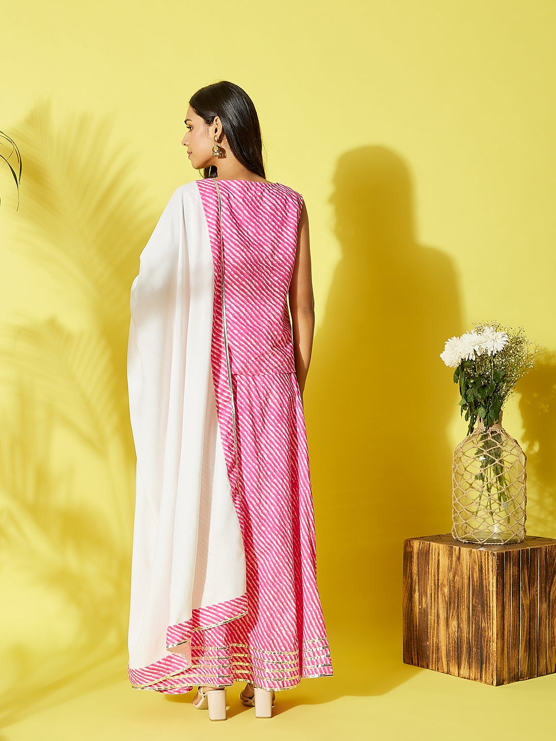InWeave Pink Lehriya Top Set With Dupatta - Swadesiicart