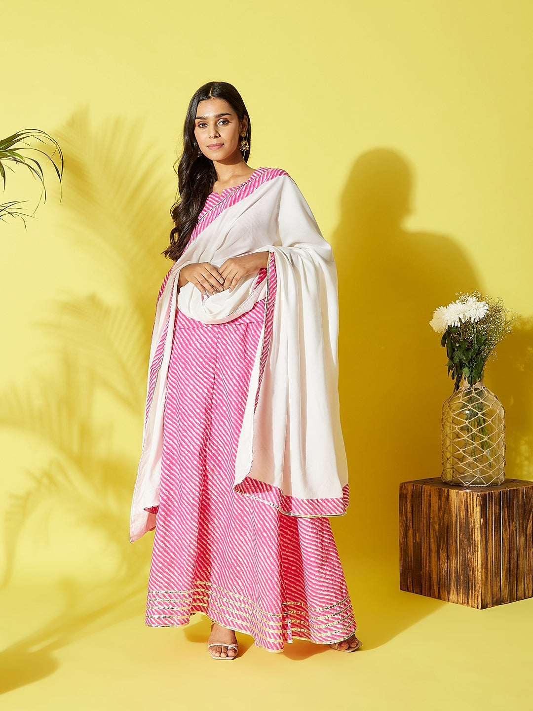 InWeave Pink Lehriya Top Set With Dupatta - Swadesiicart