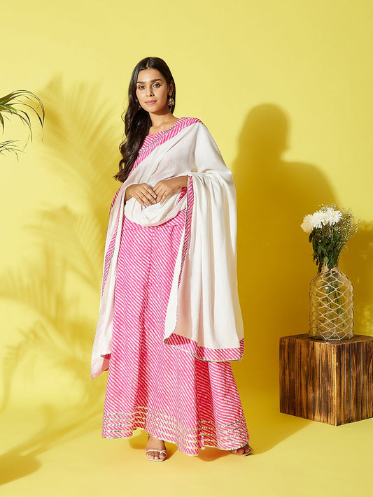 InWeave Pink Lehriya Top Set With Dupatta - Swadesiicart