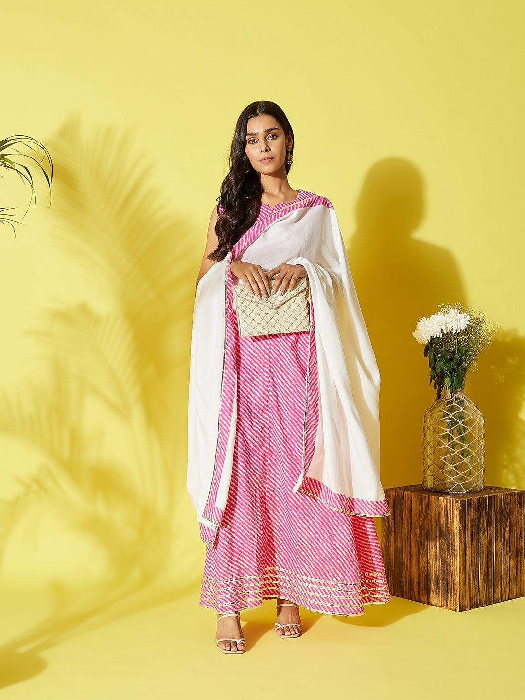 InWeave Pink Lehriya Top Set With Dupatta - Swadesiicart