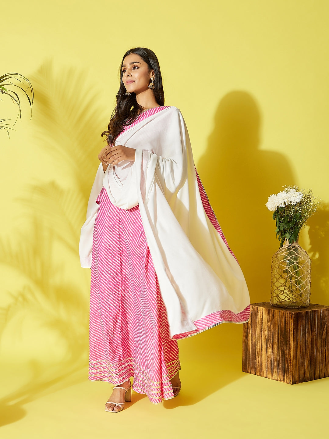 InWeave Pink Lehriya Top Set With Dupatta - Swadesiicart