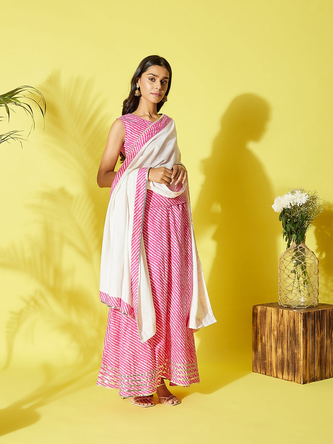 InWeave Pink Lehriya Top Set With Dupatta - Swadesiicart