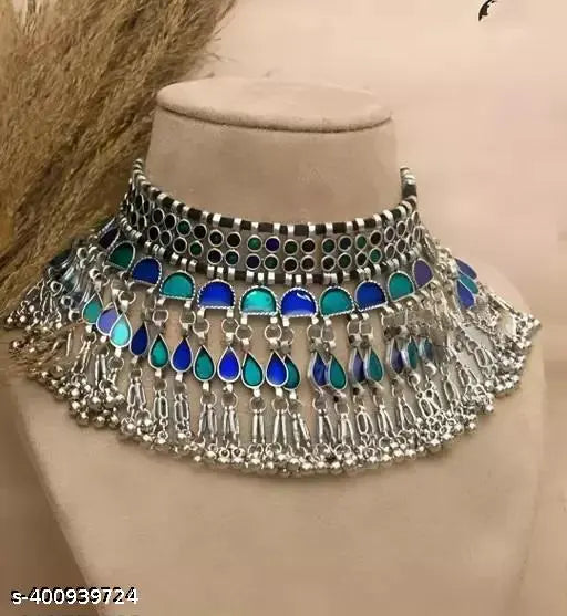 Tehzeeb Creations Women's Silver Colour Oxidised Necklace Set With Blue Colour Meenakari Work - Swadesiicart