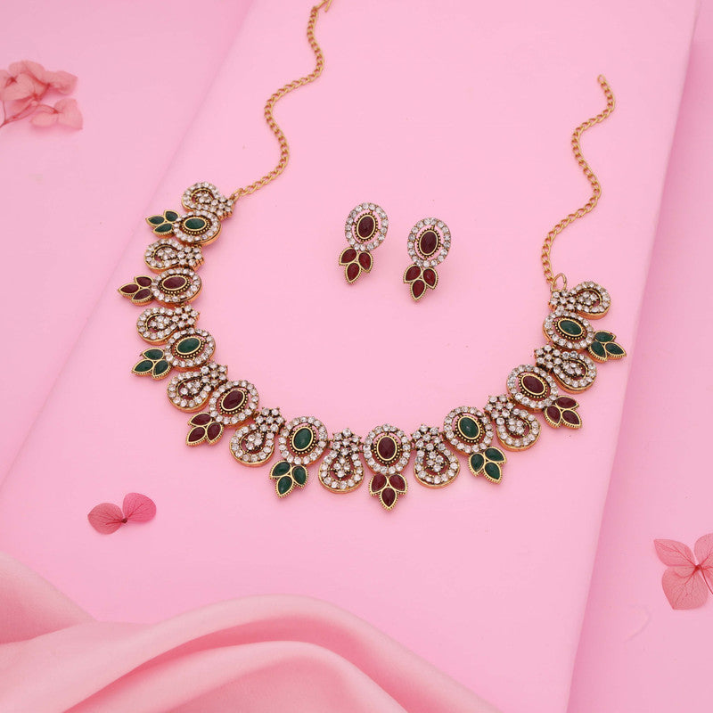 Tehzeeb Creations Gold-Polished Green And Maroon Colour Choker With Dangle Earrings - Swadesiicart
