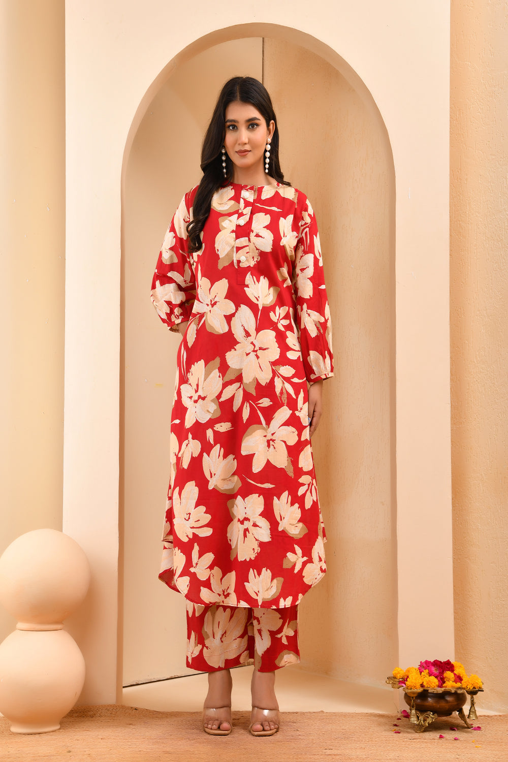 Vaasva Women Cherry Red Floral Aline Printed Cord Set - Swadesiicart