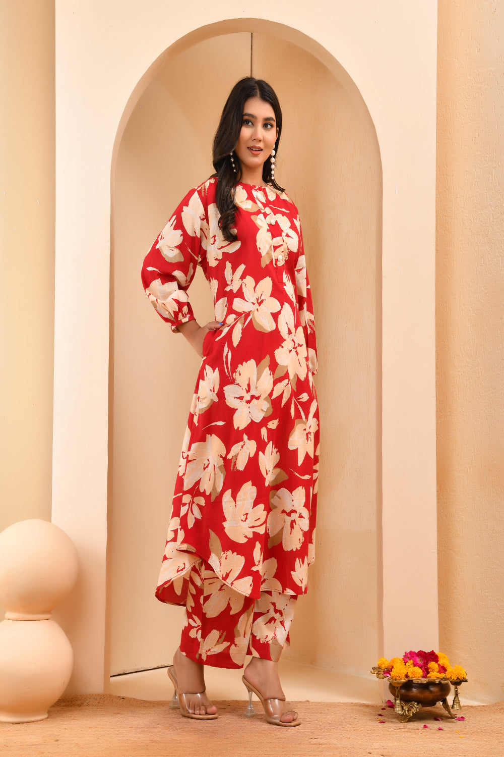 Vaasva Women Cherry Red Floral Aline Printed Cord Set - Swadesiicart