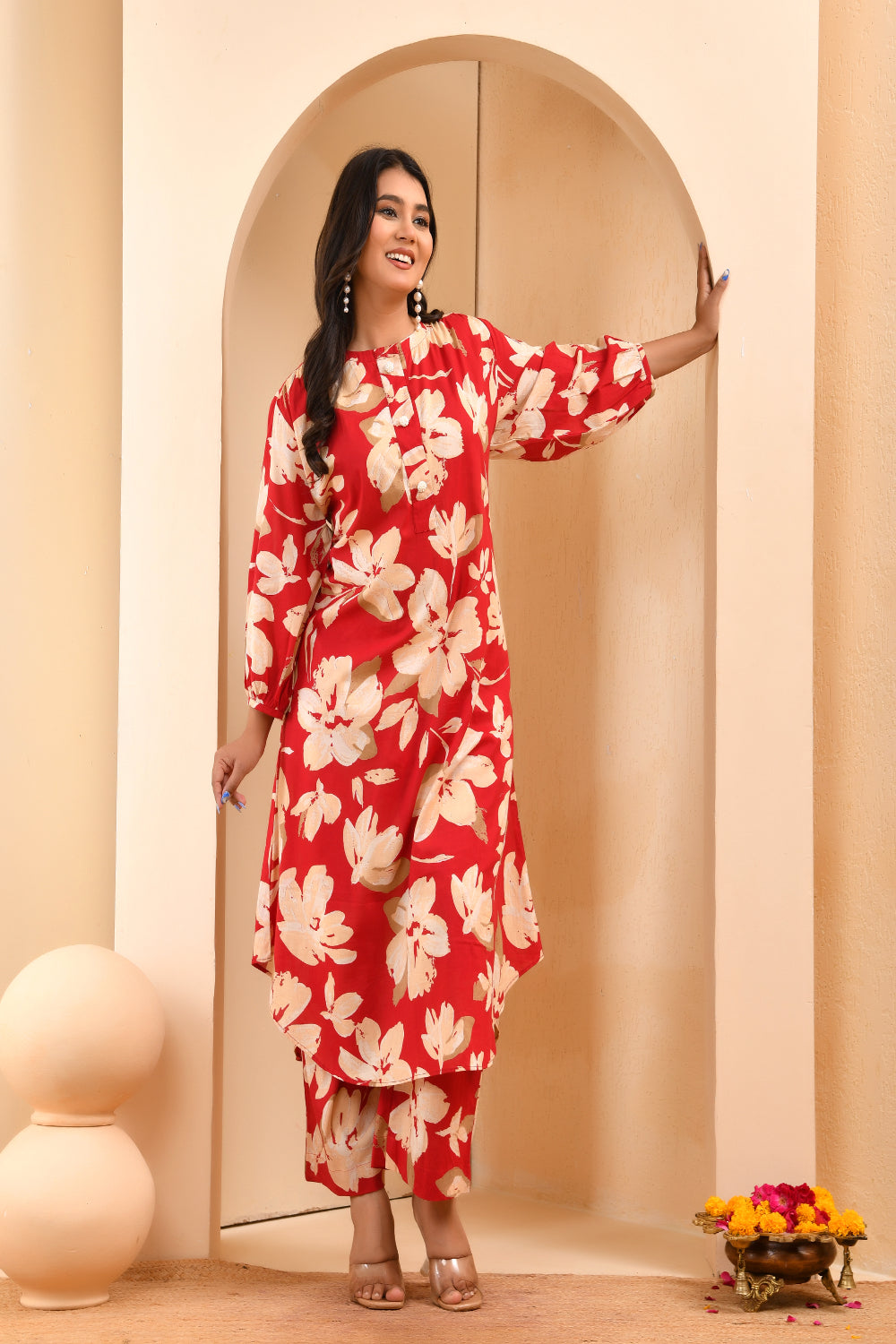 Vaasva Women Cherry Red Floral Aline Printed Cord Set - Swadesiicart