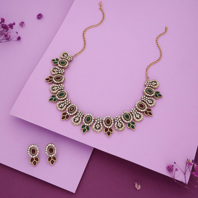 Tehzeeb Creations Gold-Polished Green And Maroon Colour Choker With Dangle Earrings - Swadesiicart