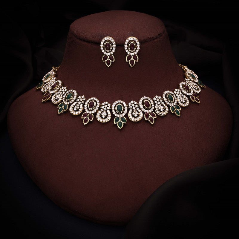 Tehzeeb Creations Gold-Polished Green And Maroon Colour Choker With Dangle Earrings - Swadesiicart