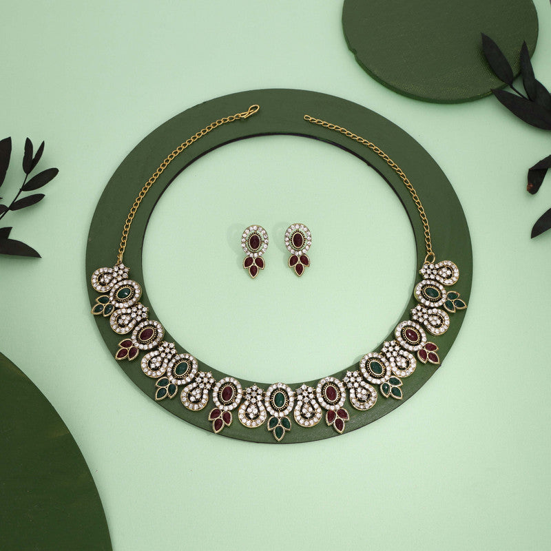 Tehzeeb Creations Gold-Polished Green And Maroon Colour Choker With Dangle Earrings - Swadesiicart