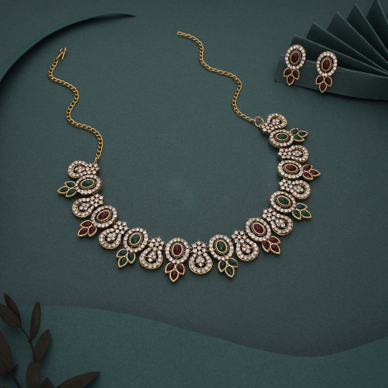 Tehzeeb Creations Gold-Polished Green And Maroon Colour Choker With Dangle Earrings - Swadesiicart