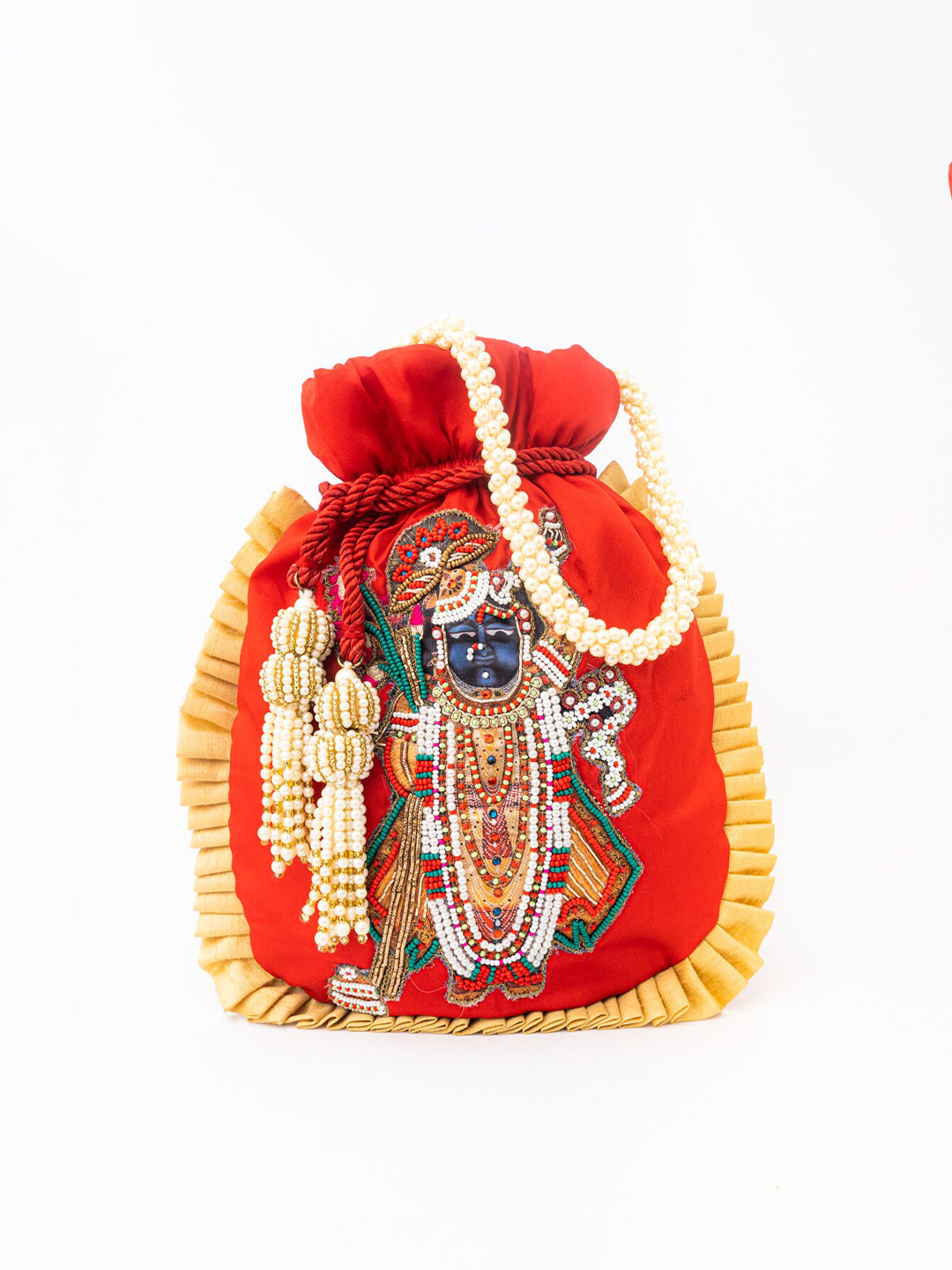 NR By Nidhi Rathi Red & White SHRINATHJI Embroidered Potli Clutch - Swadesiicart