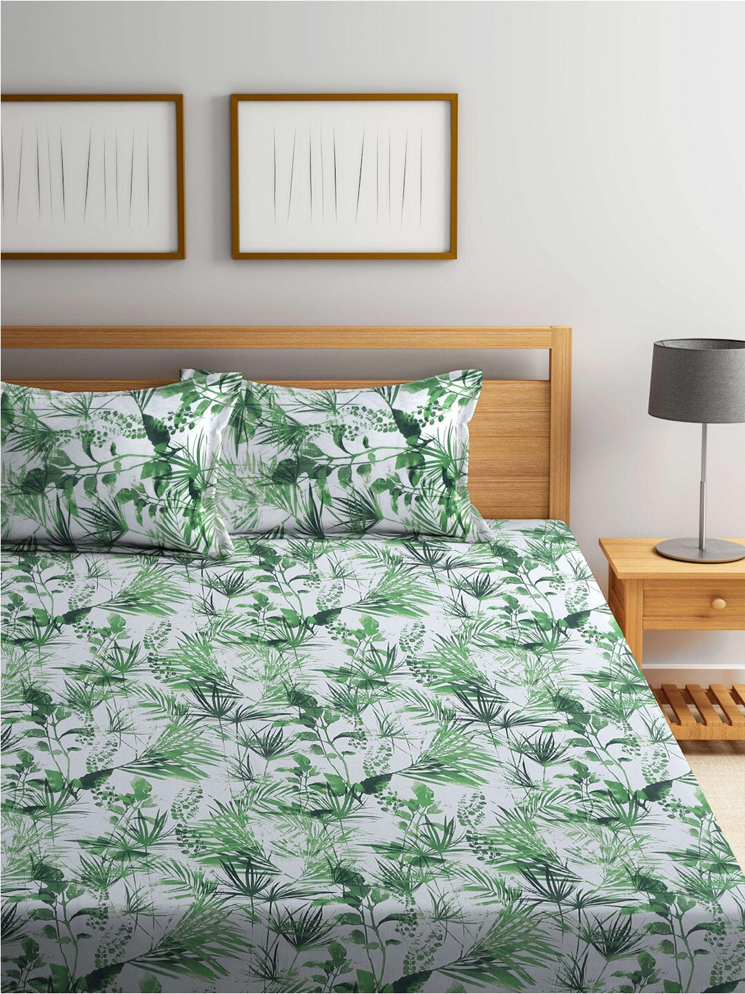 BOMBAY DYEING Serenita Green Printed Cotton 144 TC King Bedsheet with 2 Pillow Covers - Swadesiicart