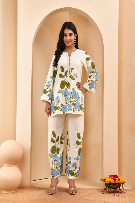 Vaasva Women White Placement Floral Printed Cord Set - Swadesiicart