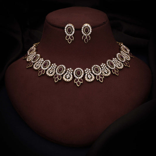 Tehzeeb Creations Gold-Polished Maroon Colour Choker With Dangle Earrings - Swadesiicart