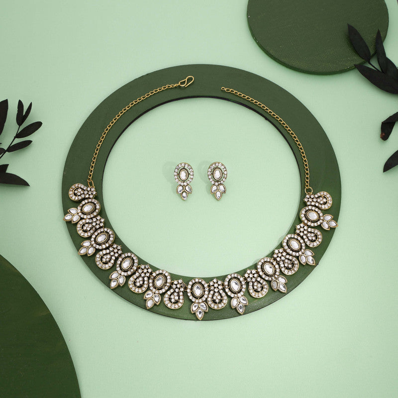Tehzeeb Creations Gold-Polished White Colour Choker With Dangle Earrings - Swadesiicart