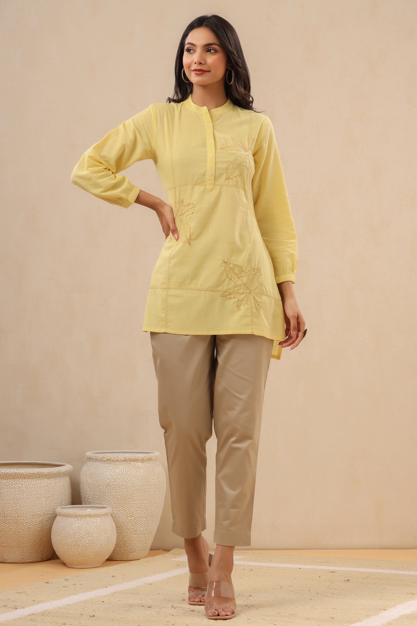Juniper Womens Yellow Cotton Slub Embroidered High Low Tunic | Swadesiicart
