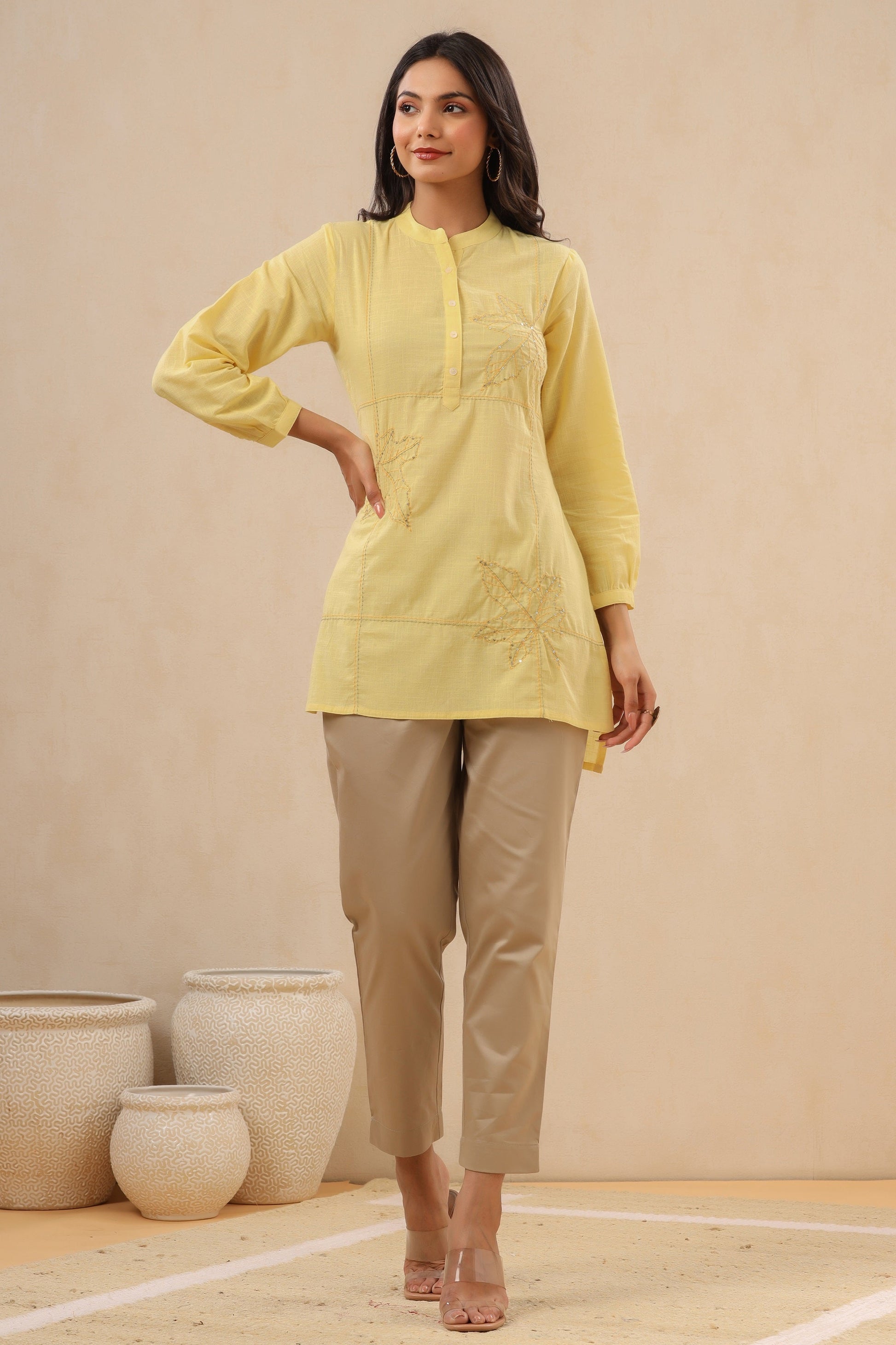 Juniper Womens Yellow Cotton Slub Embroidered High Low Tunic | Swadesiicart