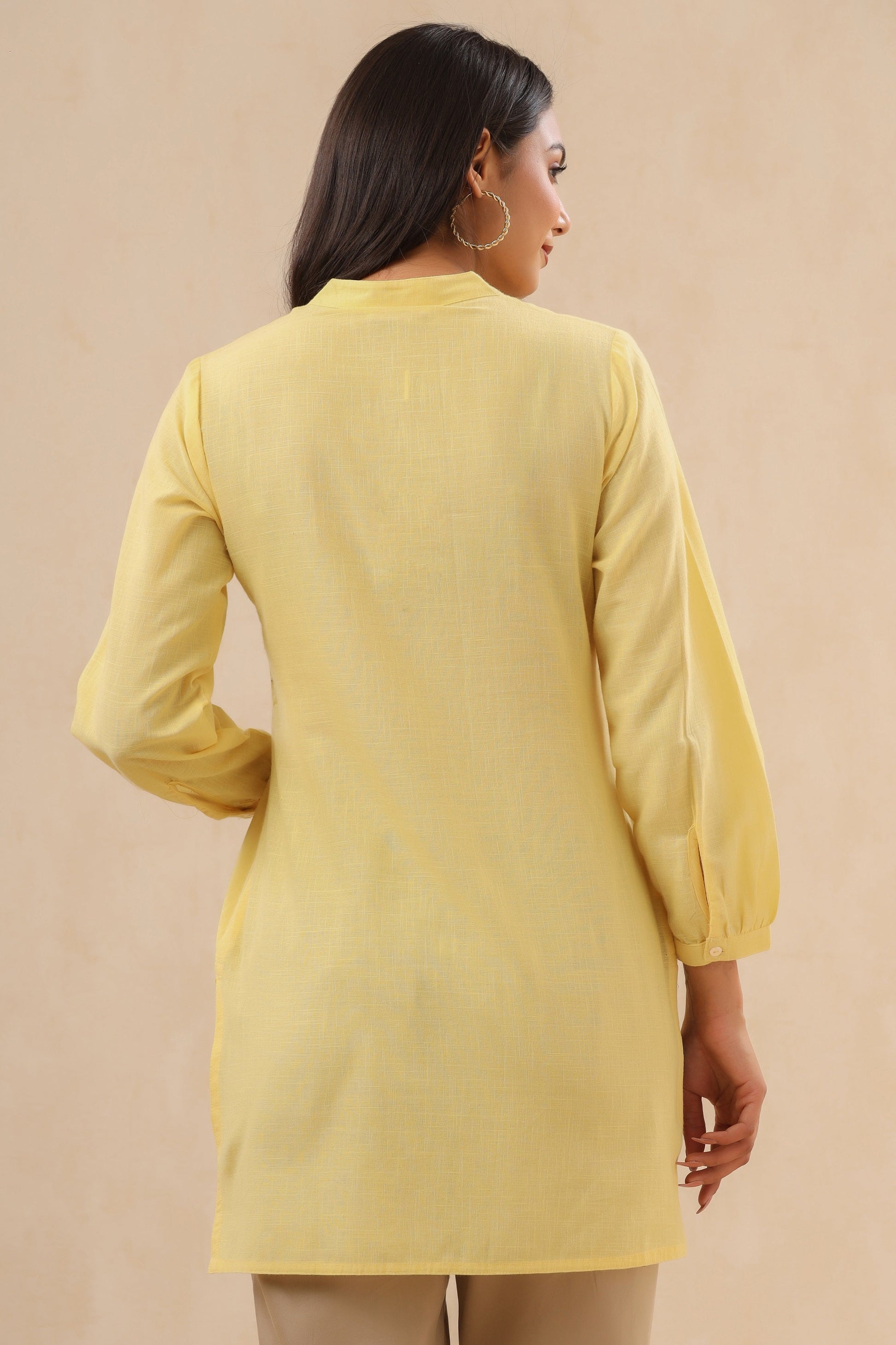 Juniper Womens Yellow Cotton Slub Embroidered High Low Tunic | Swadesiicart