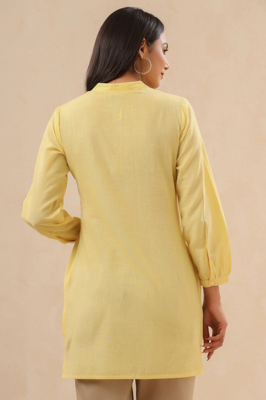 Juniper Womens Yellow Cotton Slub Embroidered High Low Tunic | Swadesiicart