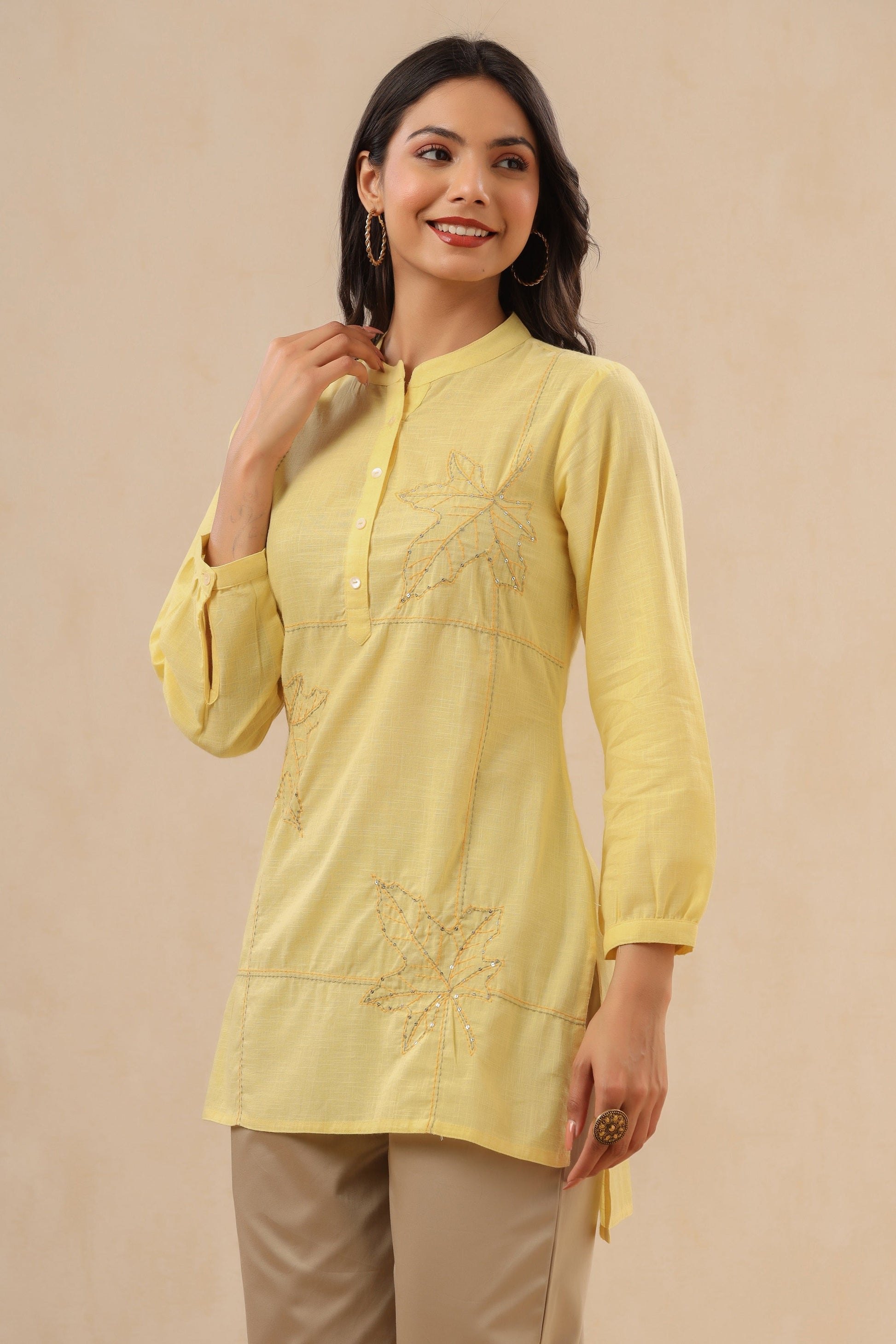 Juniper Womens Yellow Cotton Slub Embroidered High Low Tunic | Swadesiicart