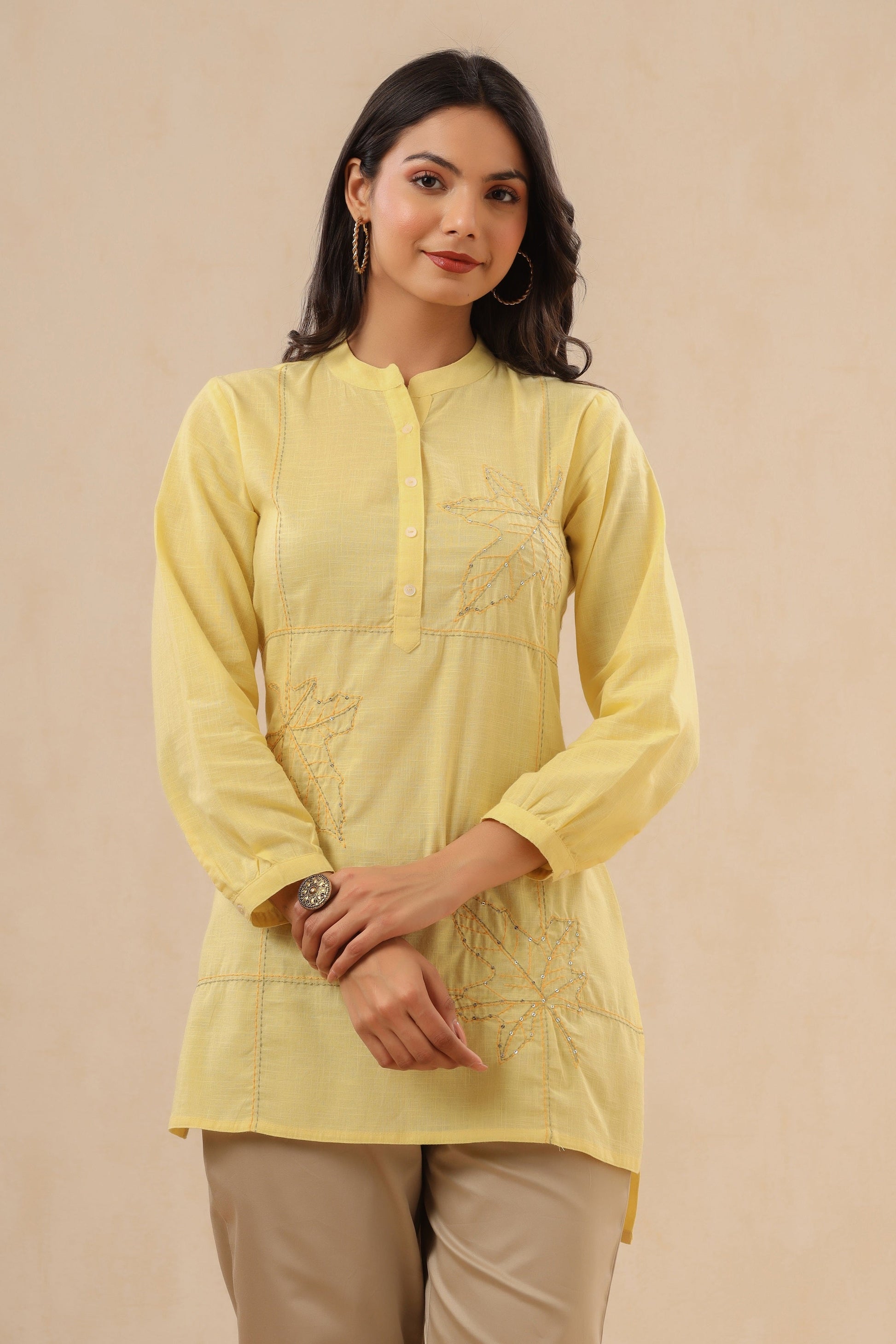 Juniper Womens Yellow Cotton Slub Embroidered High Low Tunic | Swadesiicart