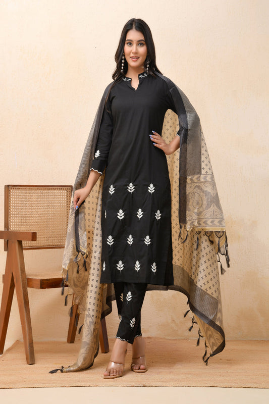 Vaasva Women Black Embroidered Suit Set | Swadesiicart