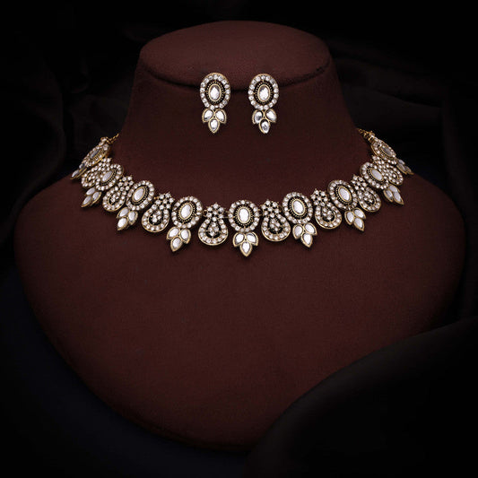 Tehzeeb Creations Gold-Polished White Colour Choker With Dangle Earrings - Swadesiicart