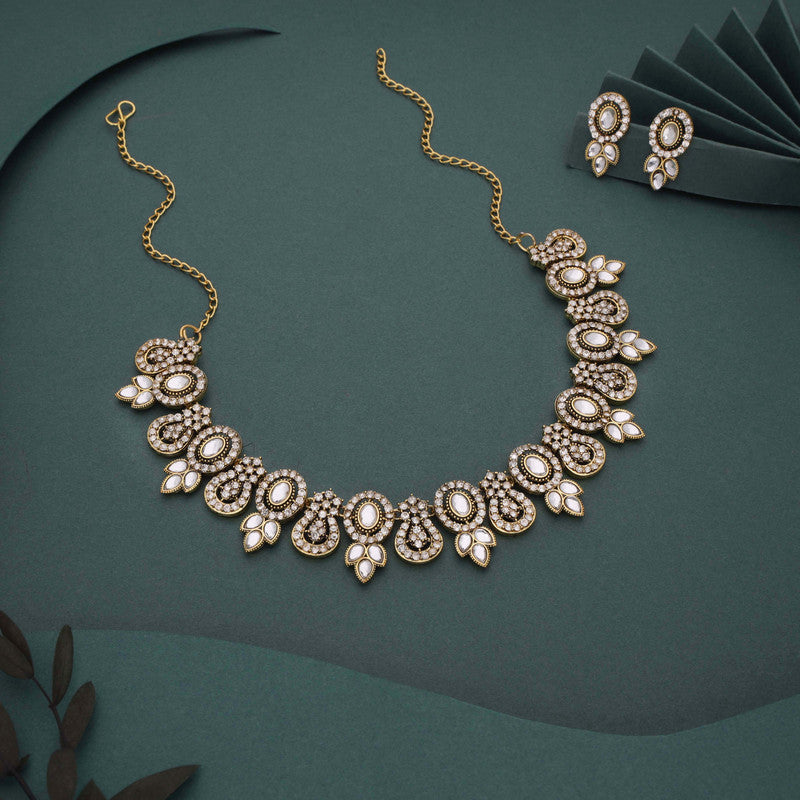 Tehzeeb Creations Gold-Polished White Colour Choker With Dangle Earrings - Swadesiicart