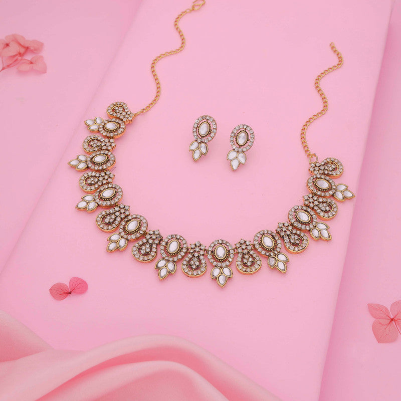 Tehzeeb Creations Gold-Polished White Colour Choker With Dangle Earrings - Swadesiicart