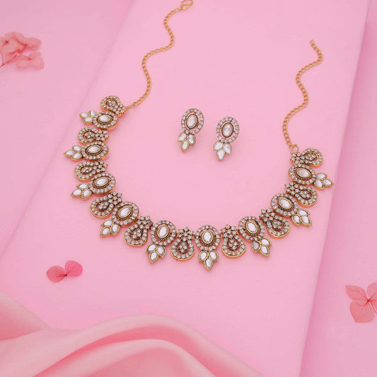 Tehzeeb Creations Gold-Polished White Colour Choker With Dangle Earrings - Swadesiicart