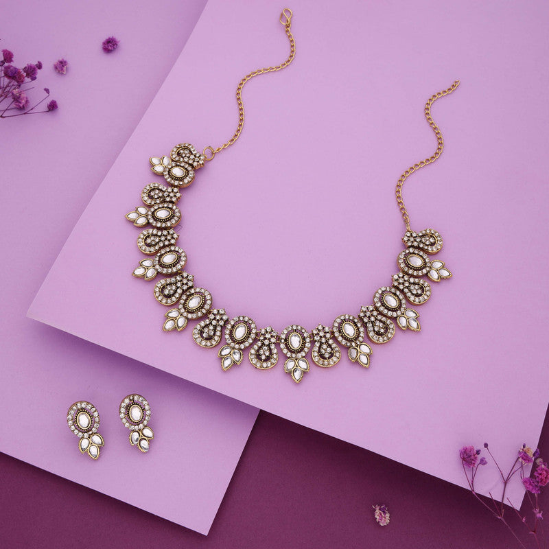 Tehzeeb Creations Gold-Polished White Colour Choker With Dangle Earrings - Swadesiicart