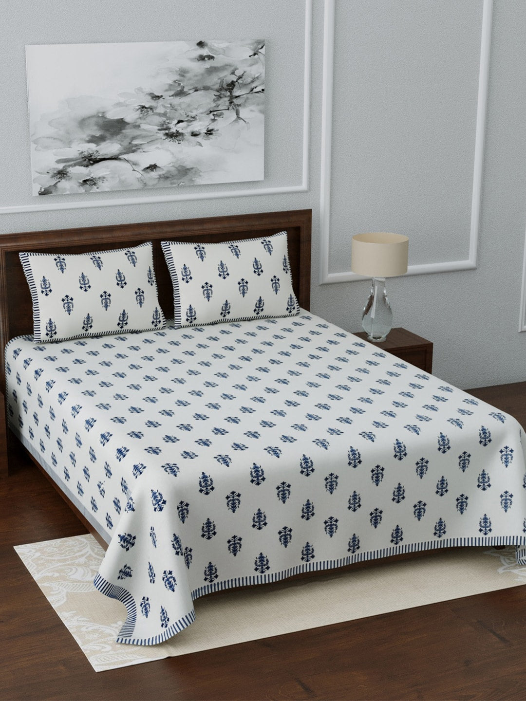 LIVING ROOTS White & Navy Blue Printed 210 TC Cotton 1 Extra Large Bedsheet with 2 Pillow Covers - Swadesiicart