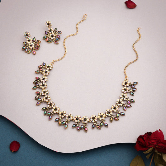 Tehzeeb Creations Gold-Polished Black Colour Choker With Dangle Earrings - Swadesiicart
