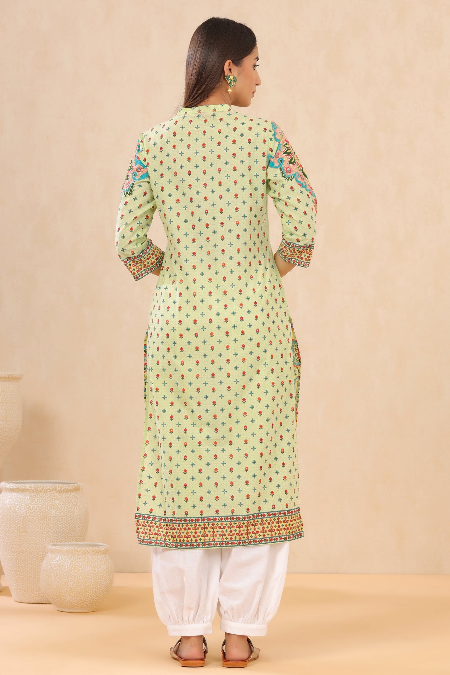 Juniper Pista Green Ethnic Motif Printed Pure Cotton Straight Kurta - Swadesiicart
