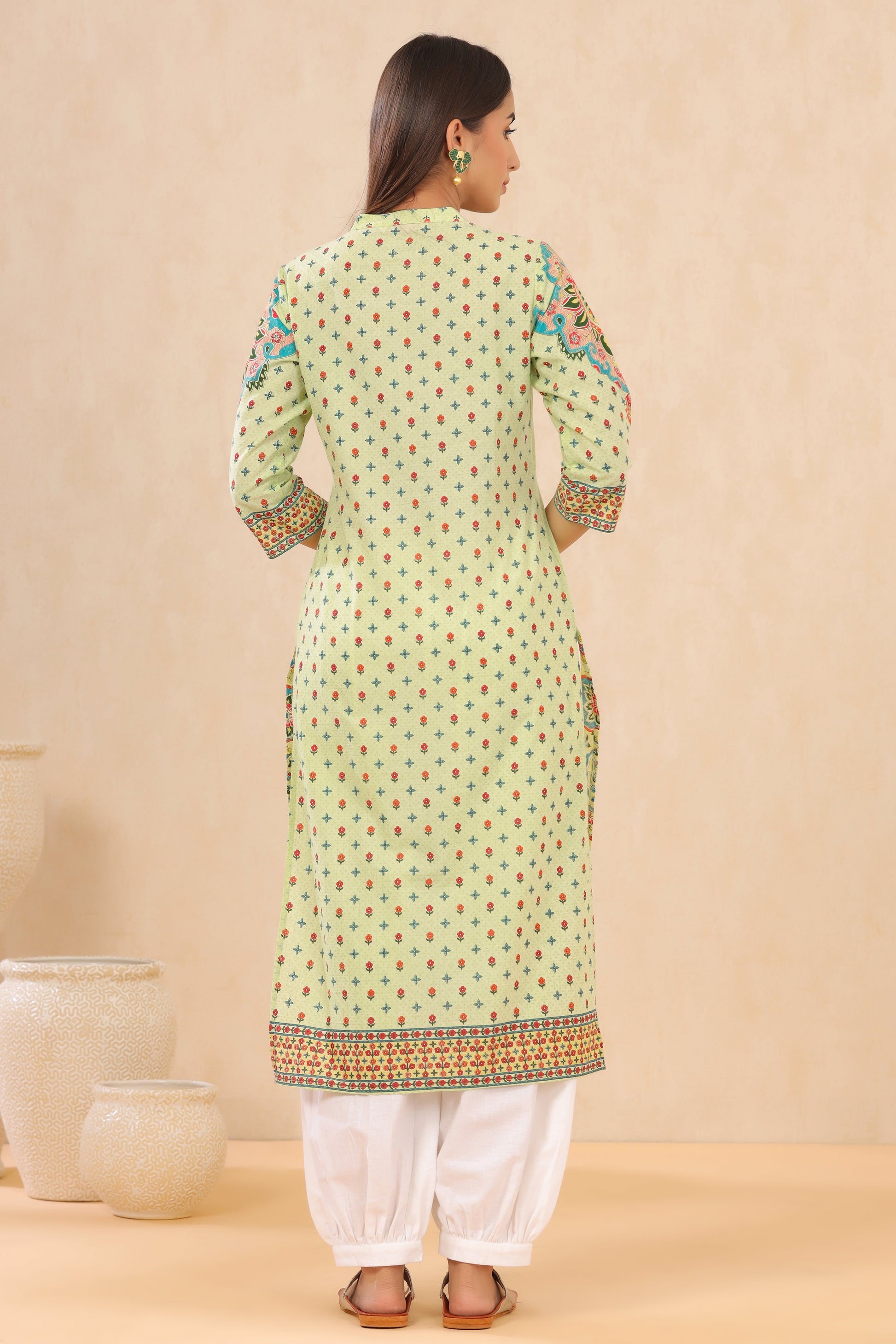 Juniper Pista Green Ethnic Motif Printed Pure Cotton Straight Kurta - Swadesiicart