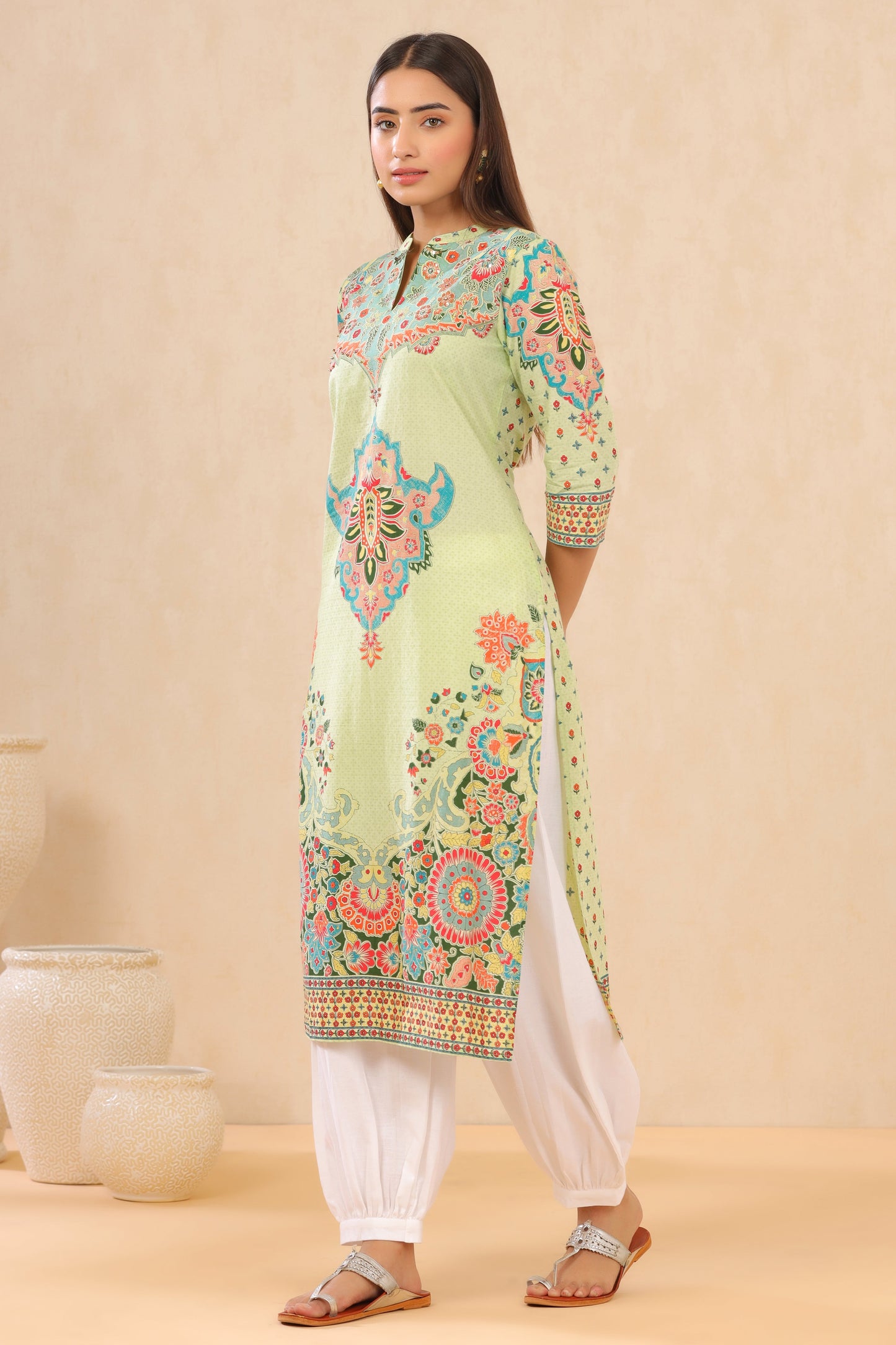 Juniper Pista Green Ethnic Motif Printed Pure Cotton Straight Kurta - Swadesiicart