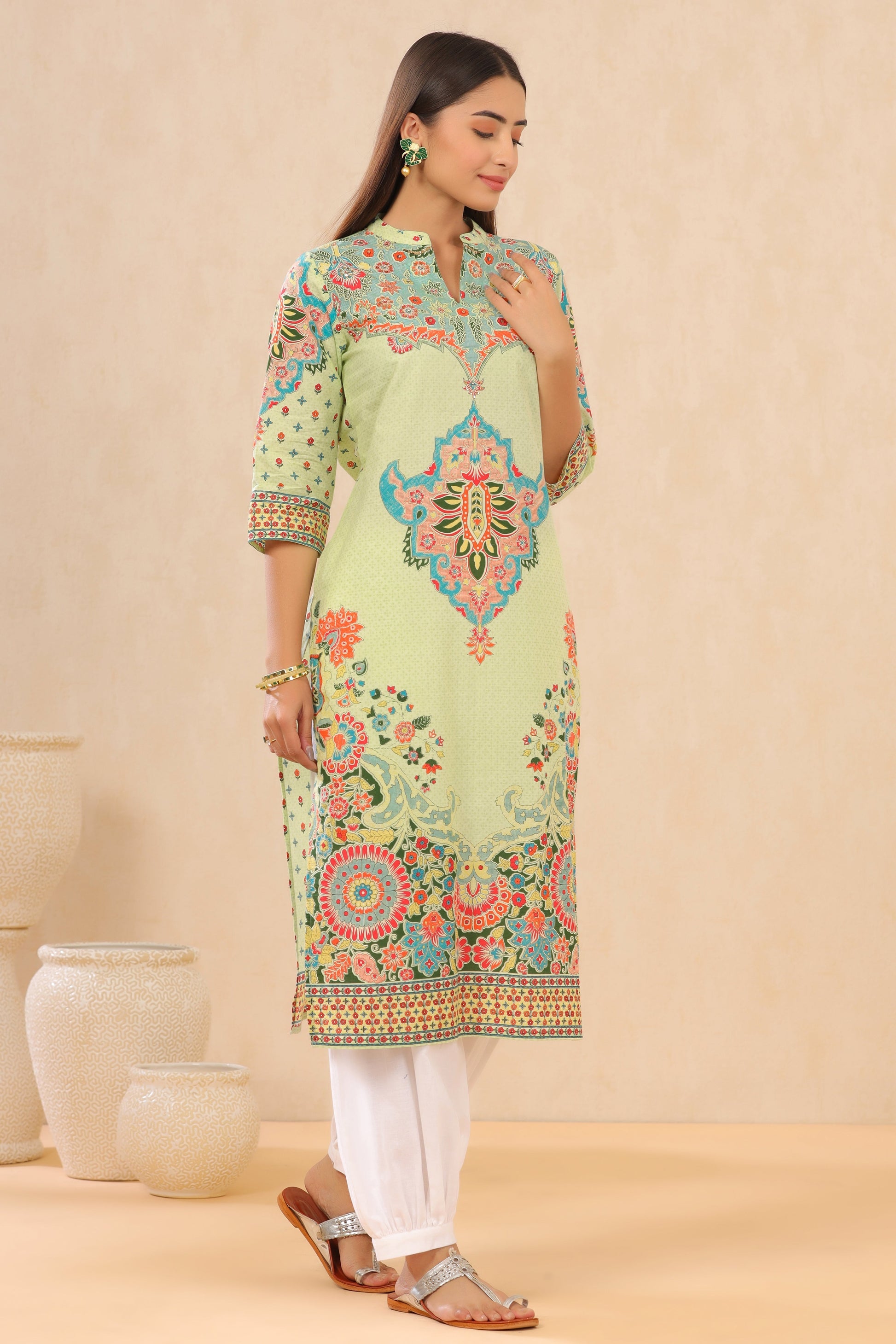 Juniper Pista Green Ethnic Motif Printed Pure Cotton Straight Kurta - Swadesiicart