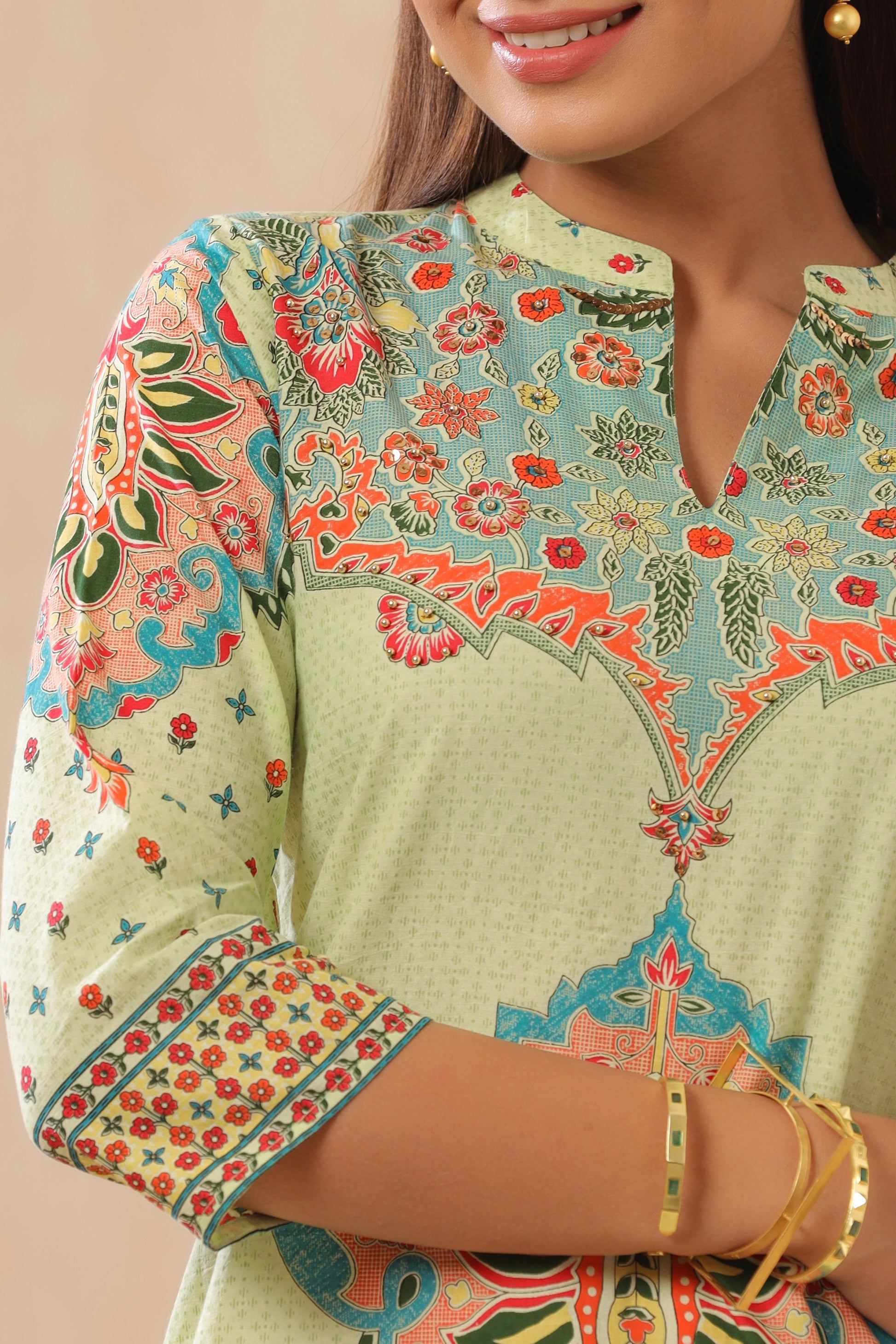 Juniper Pista Green Ethnic Motif Printed Pure Cotton Straight Kurta - Swadesiicart