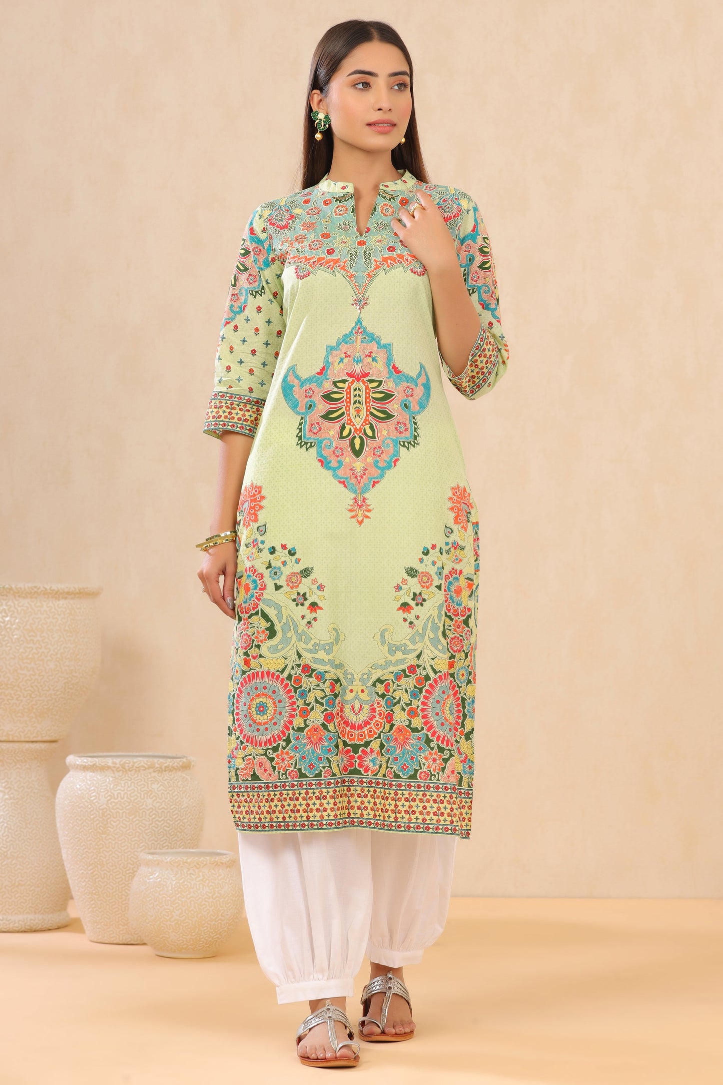 Juniper Pista Green Ethnic Motif Printed Pure Cotton Straight Kurta - Swadesiicart