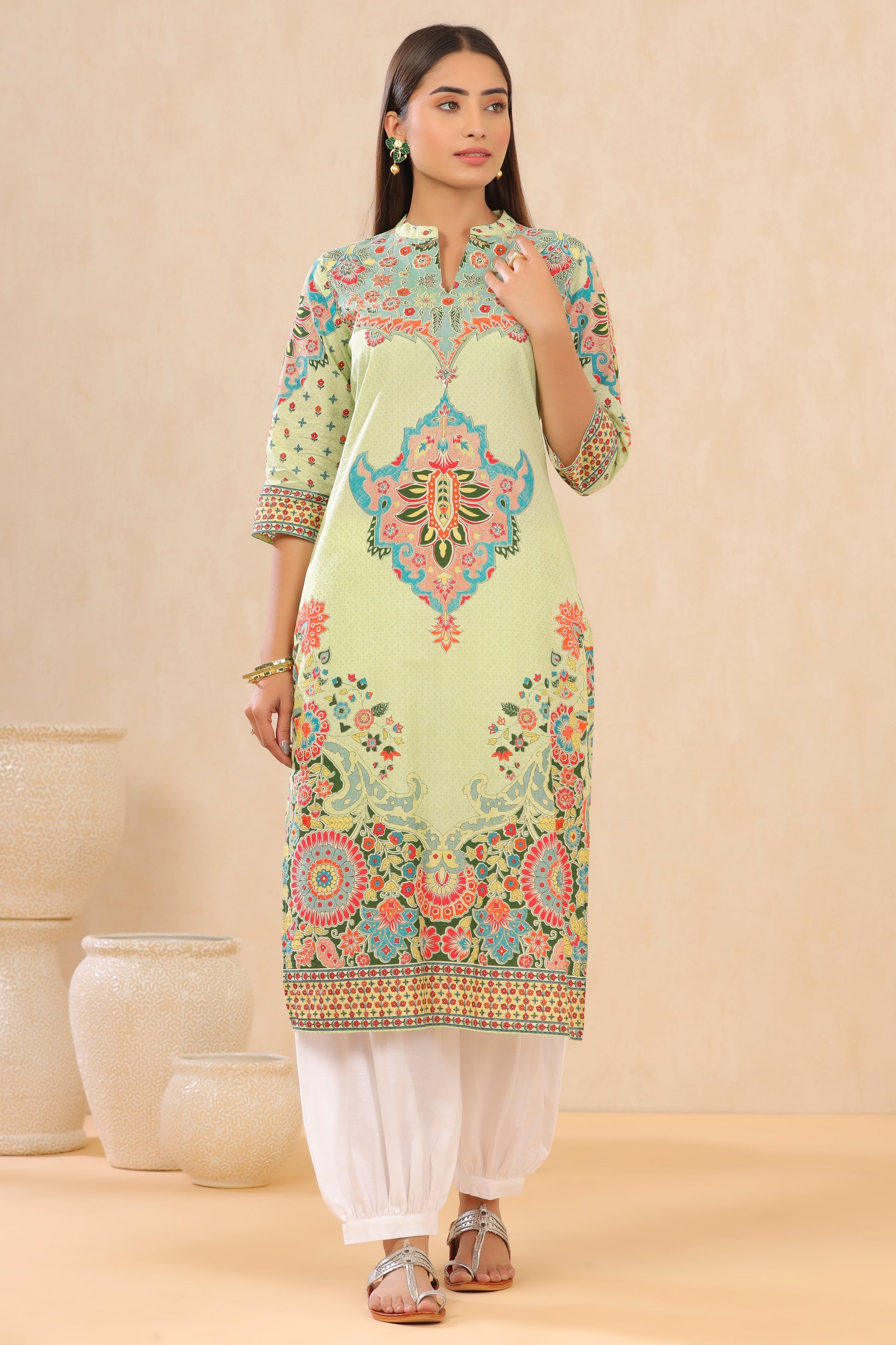 Juniper Pista Green Ethnic Motif Printed Pure Cotton Straight Kurta - Swadesiicart
