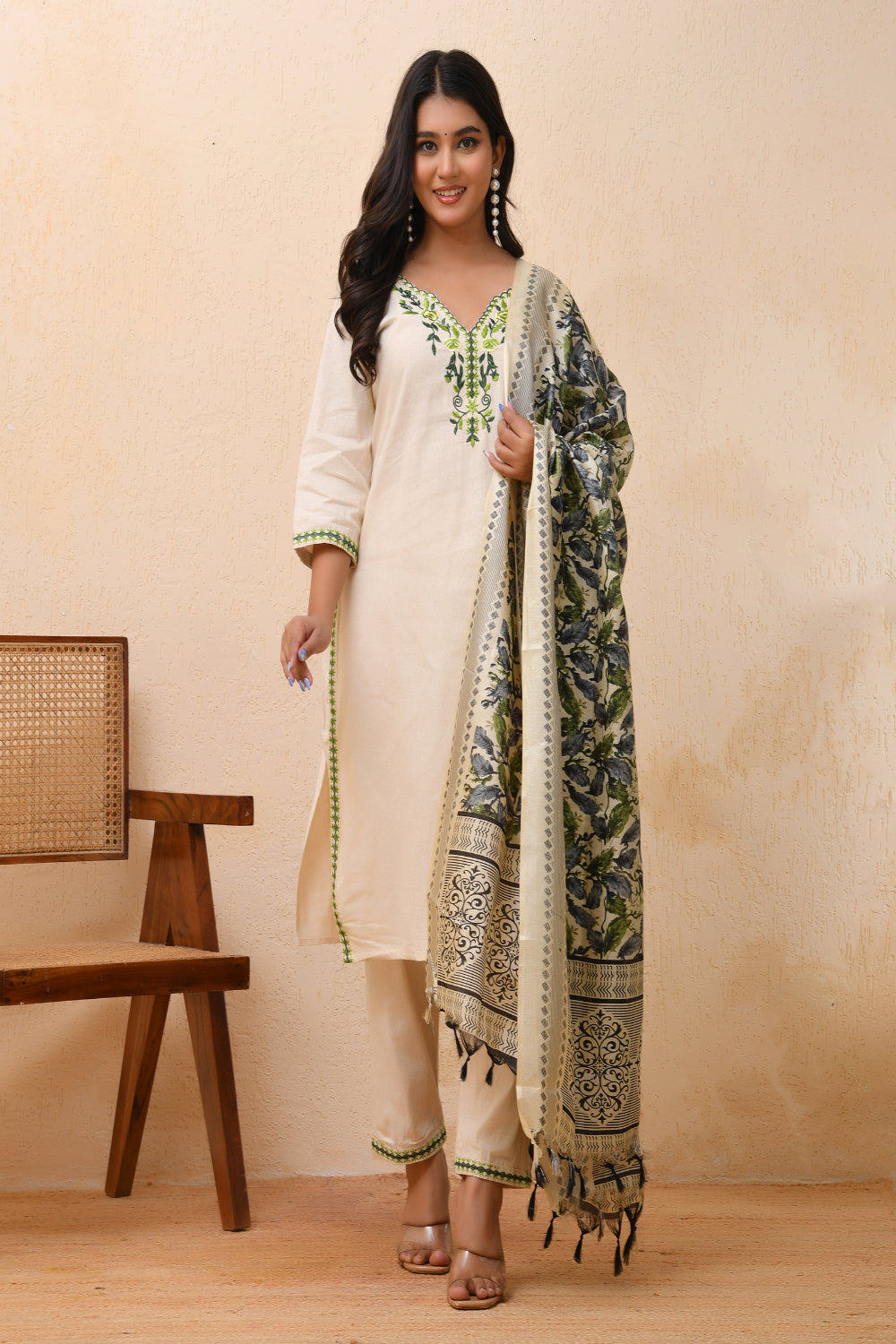 Vaasva Women Cream Embroidered Suit Set | Swadesiicart