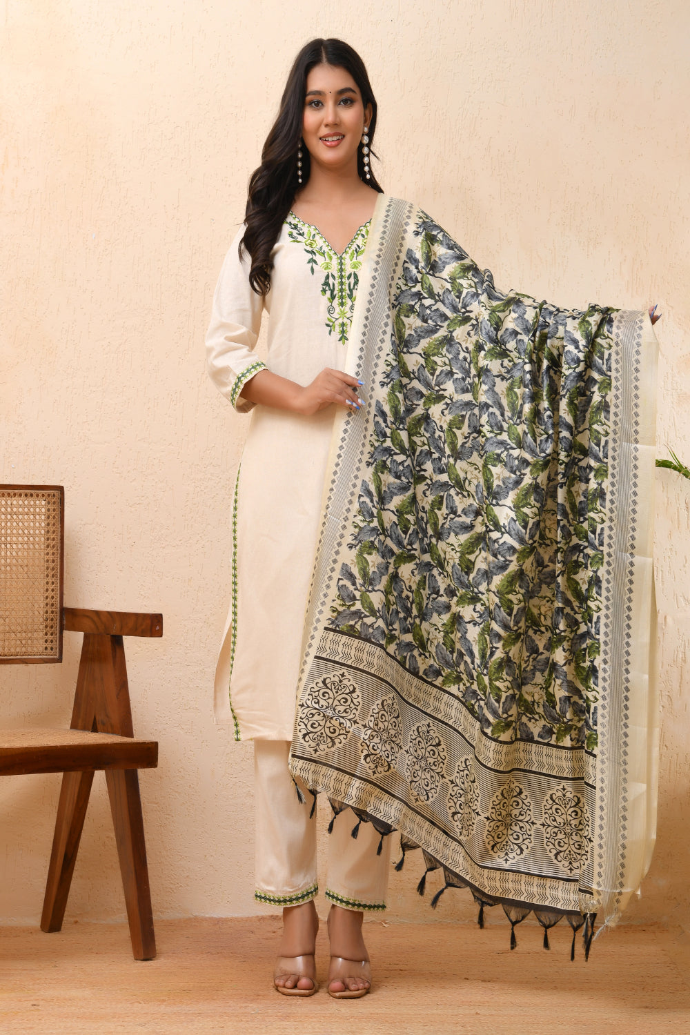 Vaasva Women Cream Embroidered Suit Set | Swadesiicart